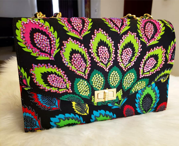 IMOSE' Stone studded Peacock Ankara Handbag