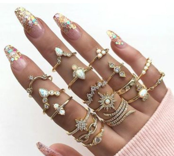 17 piece bohemian ring set