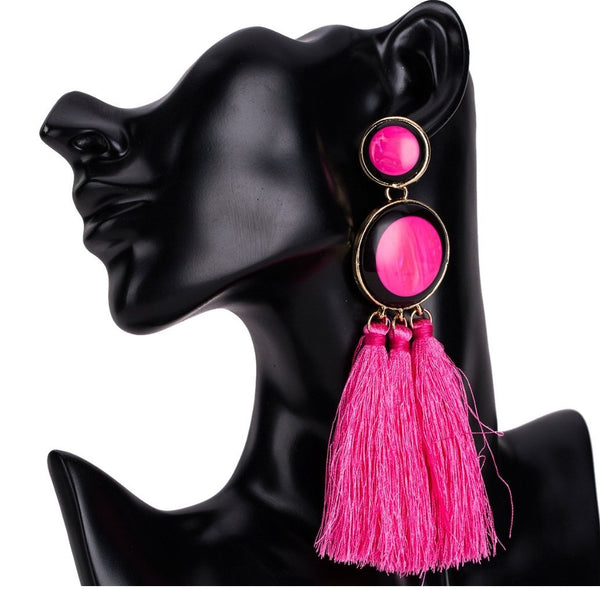 Pink long drop tussle earrings