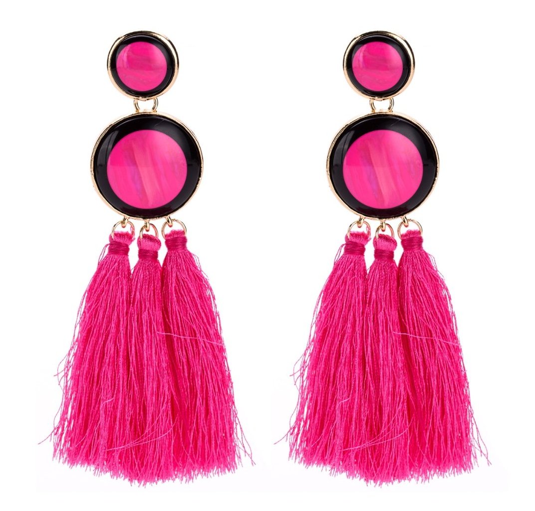 Pink long drop tussle earrings