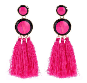 Pink long drop tussle earrings